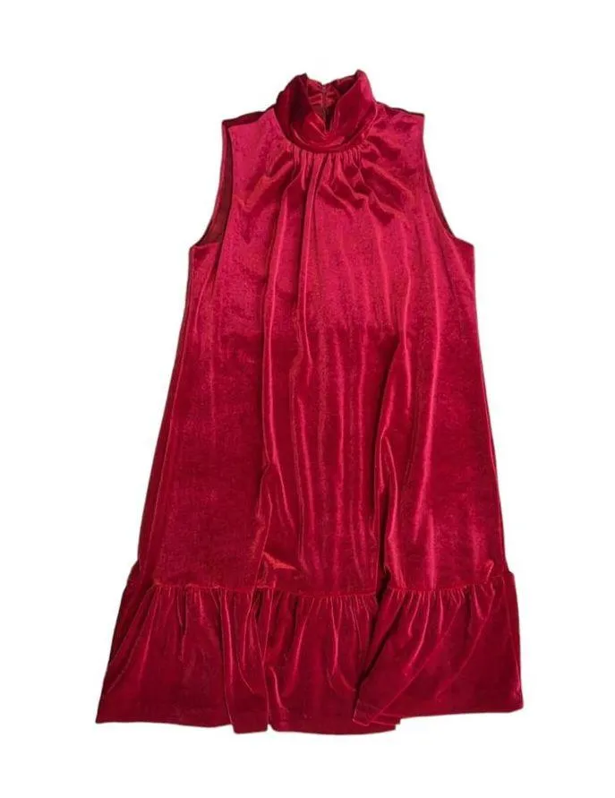 Calvin Klein Red Velvet Mock Neck Dress Tiered Ruffle Womens 4 Turtleneck Party - Image 2