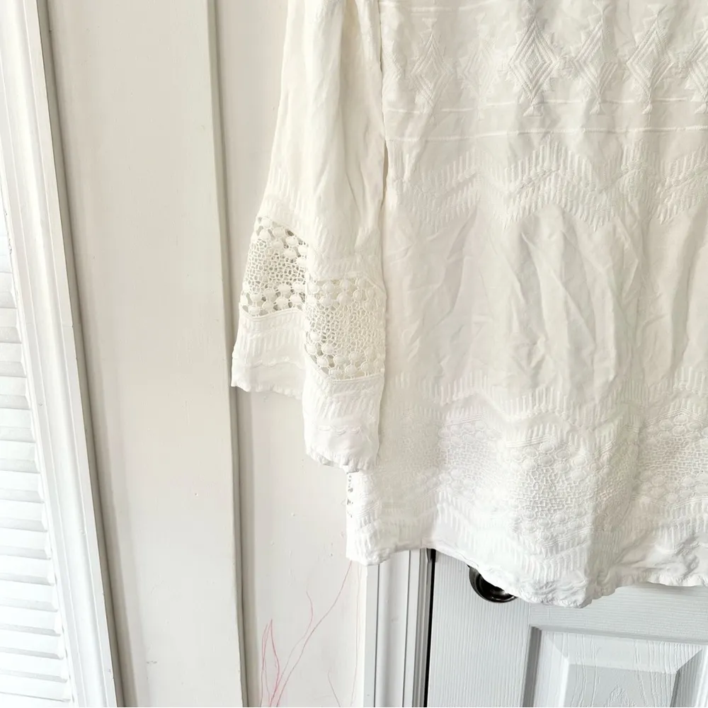 La Blanca White Embroidered Eyelet V Neck Swim Cover Up Dress Small Bell Sleeves - Image 13