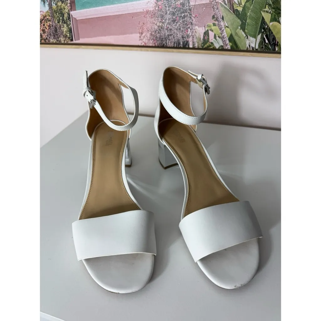 Michael Kors White Leather Open Toe Ankle Strap Silver Block Heel Sandals 10 - Image 3