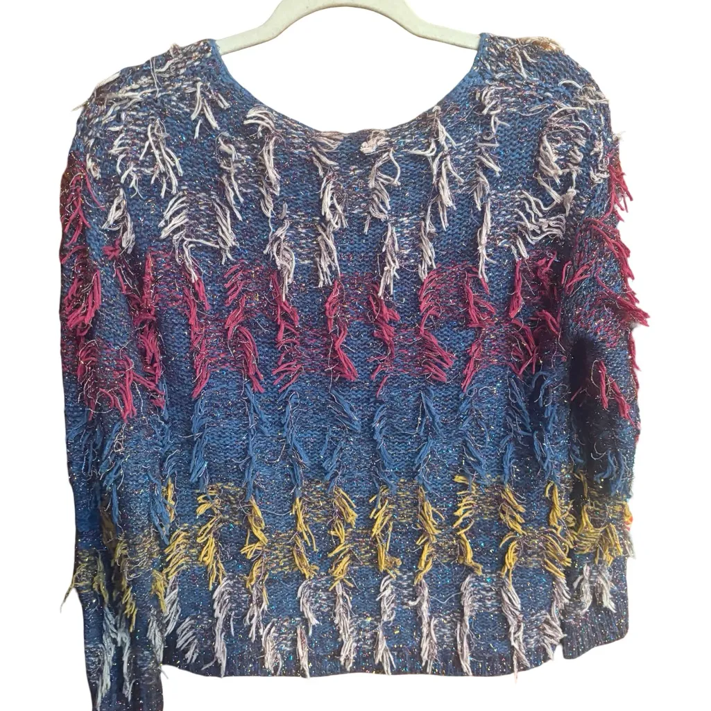 Ivory Rose Art Fringe Statement Sweater | Indigo Purple Festival Knit | S Blue - Image 6