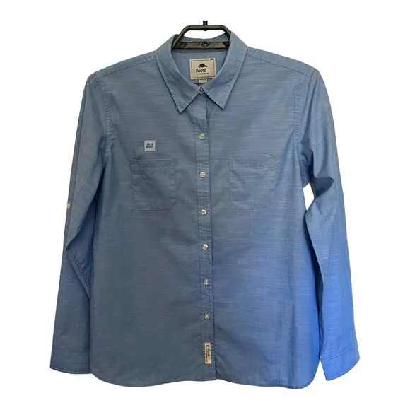 Roots73 Clearwater Button Up Women Shirt Size Large Blue M Patch #97100 Rolltab - Image 3