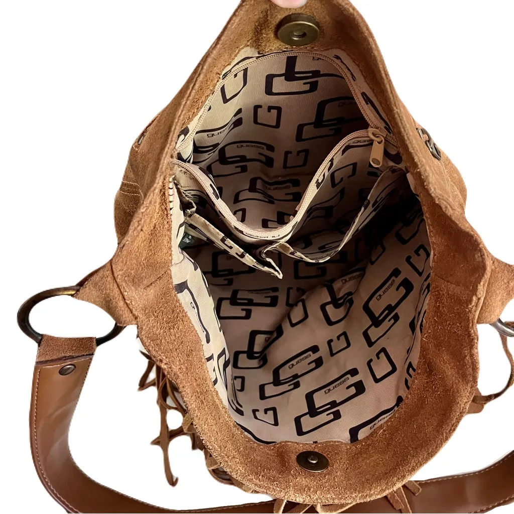Vintage Y2K 90s Guess Tan Suede Fringe Hobo Bag - Image 8