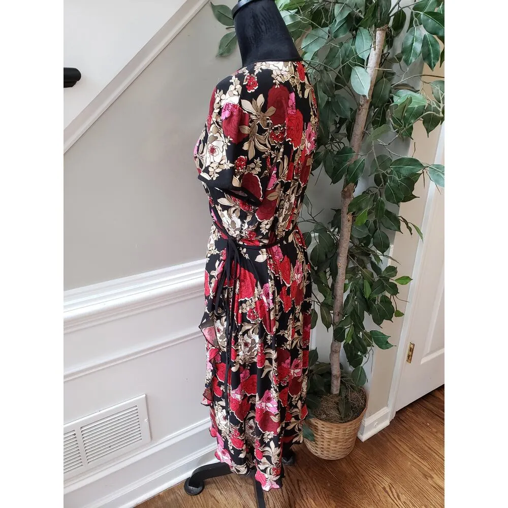 Faith, Love & Passion Wrap Dress Women Size XL Black Floral Polyester Tie Waist - Image 15