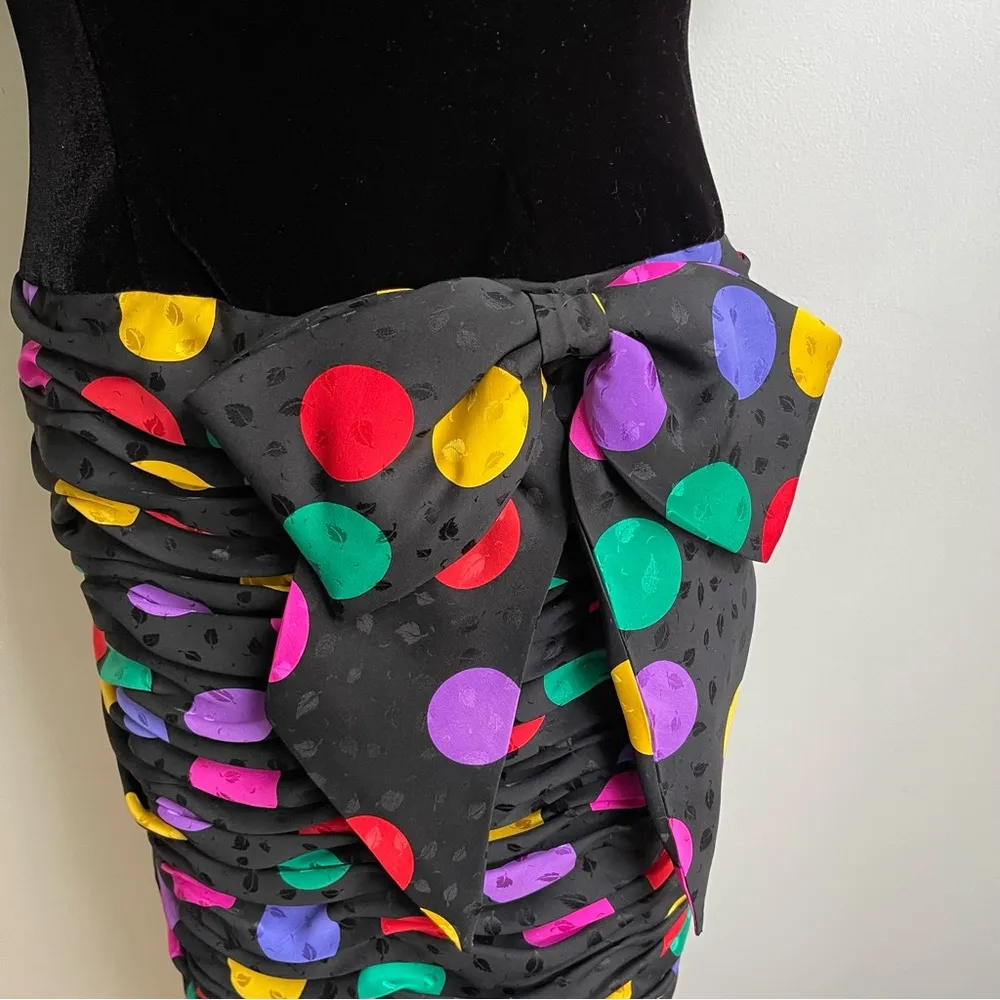 Vintage Saks Fifth Avenue Velvet Silk Polka Dot Drop Waist Party Dress Bow 10 - Image 2