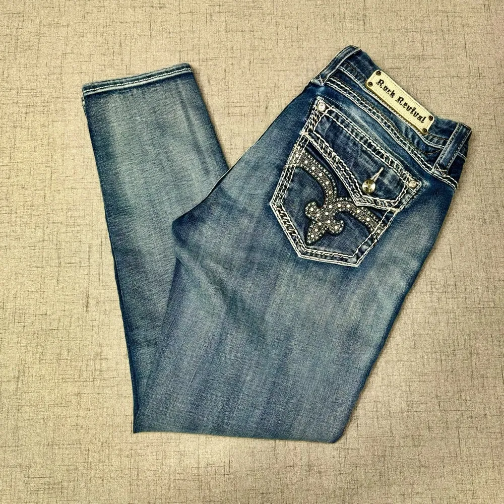 Rock Revival Barby Skinny Ankle Jeans Distressed Stretch Bling Size 34 - Image 7