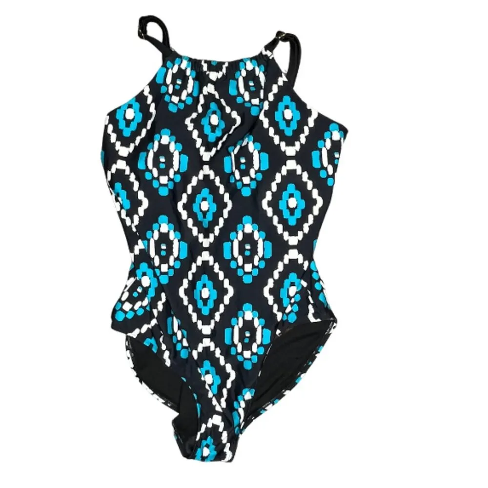 Black Teal Diamond High Neck One Piece Swimsuit Sz 12 - Image 2