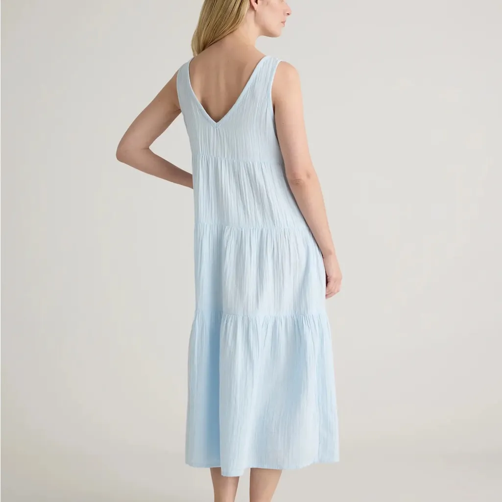 NWT Quince 100% Organic Cotton Gauze Tiered Maxi Dress Nantucket Blue Sz L - Image 3