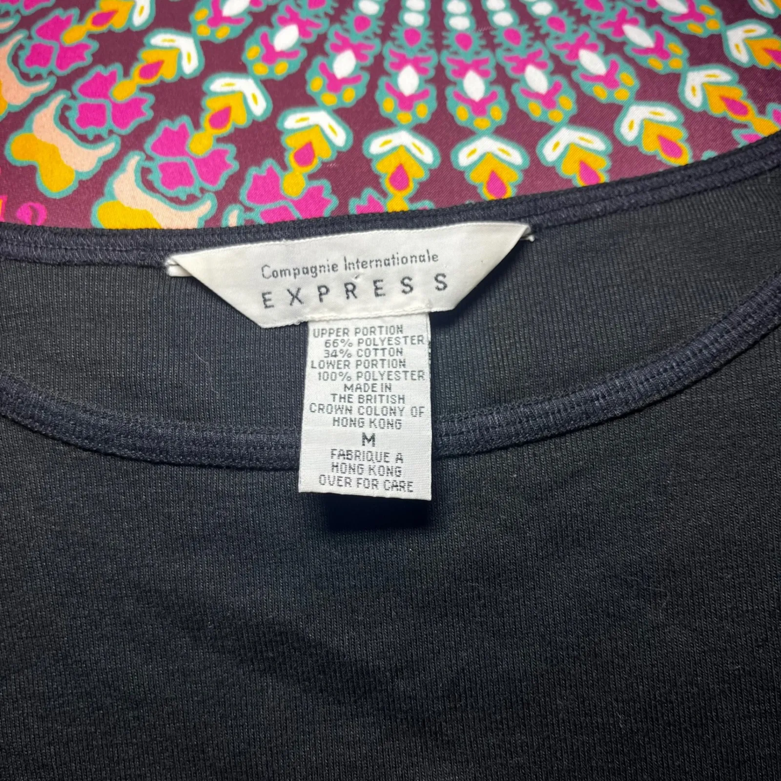 Vintage 1990s Express Dress Black & White Floral Long Sleeve Fit & Flare Size M - Image 5