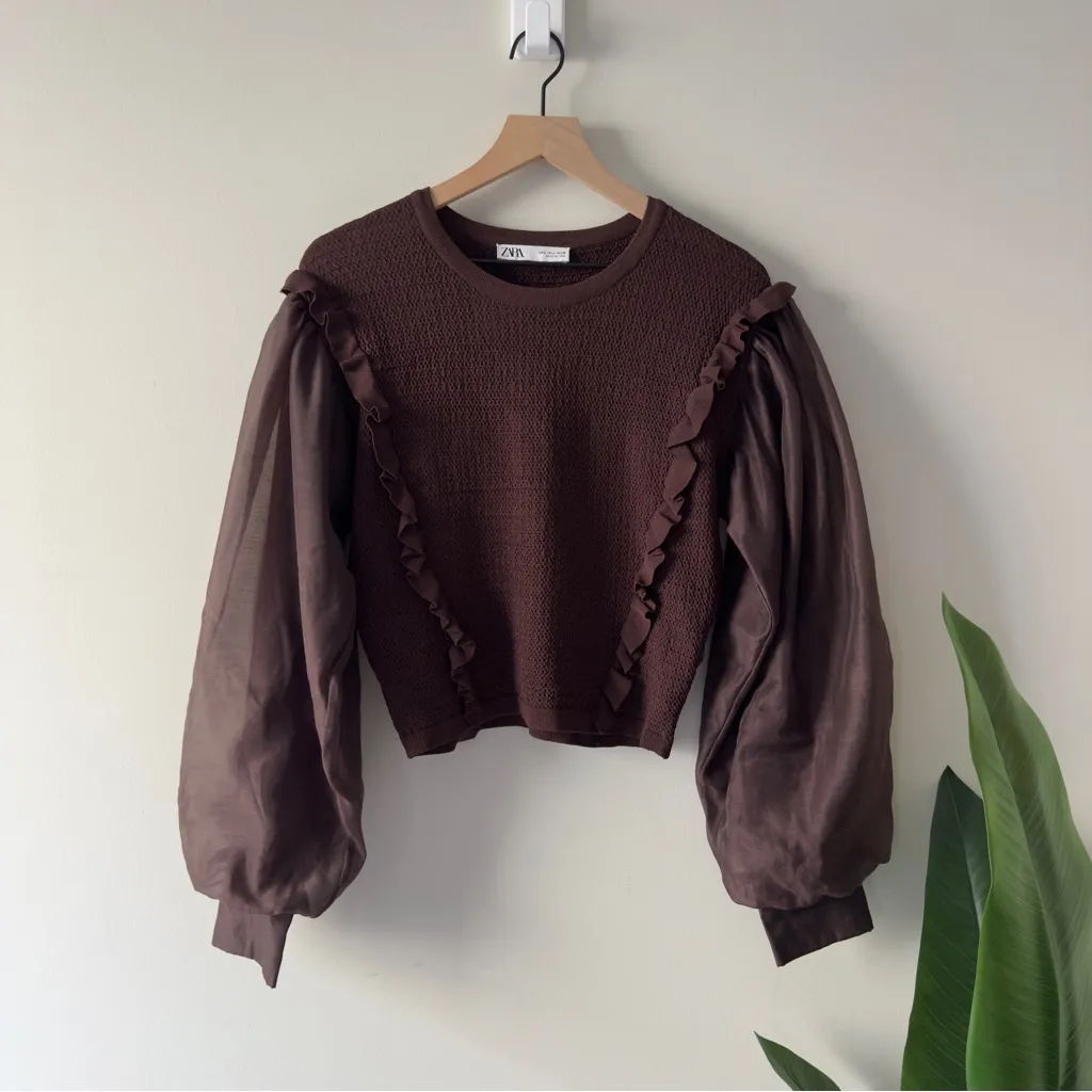 Zara Brown Ruffle Blouse Knit Puff Sheer Long Sleeves Crew Neck Sweater Top EUC - Image 3
