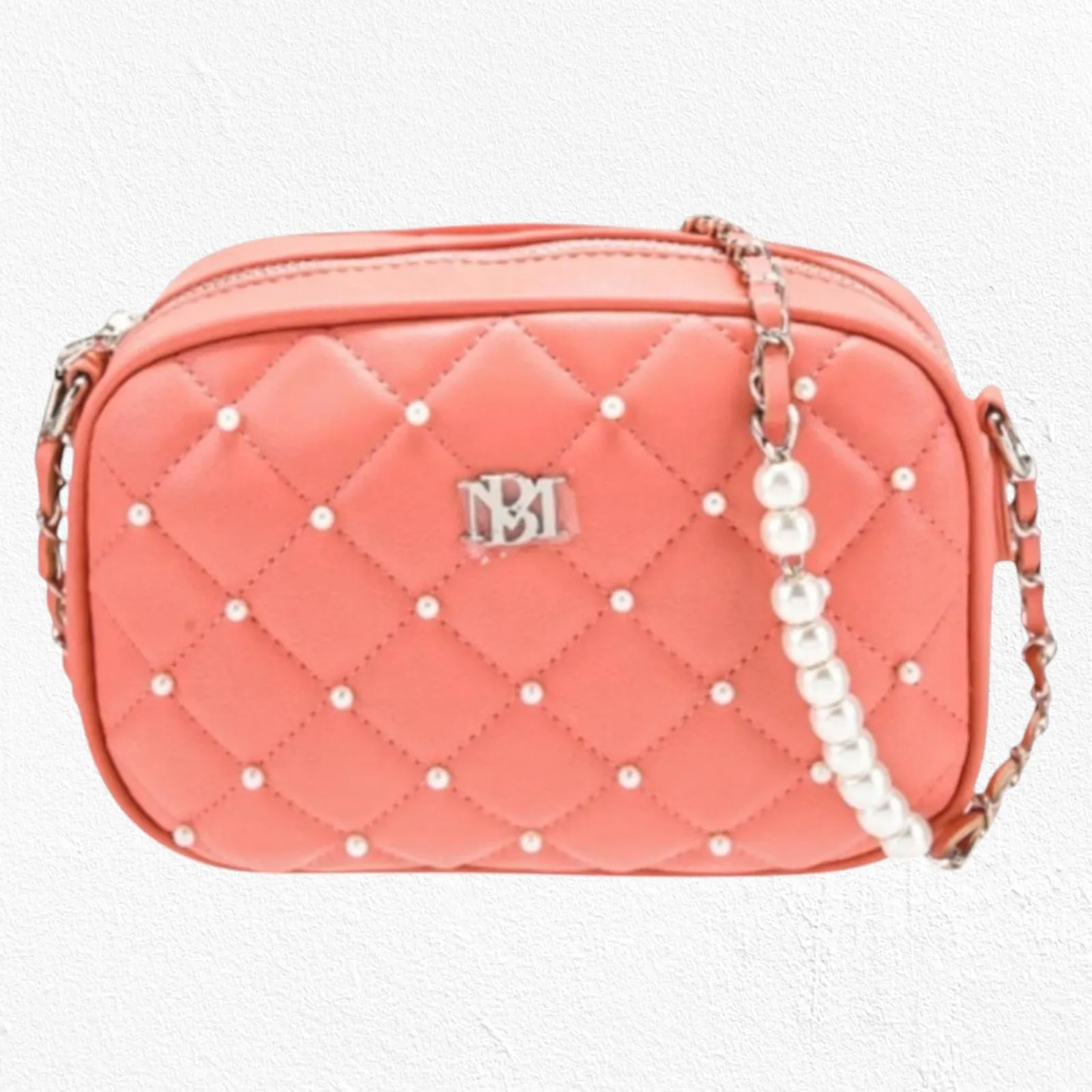 Badgley Mischka Coral Pink Quilted Diamond Pearl Crossbody Camera Bag Purse - Image 11