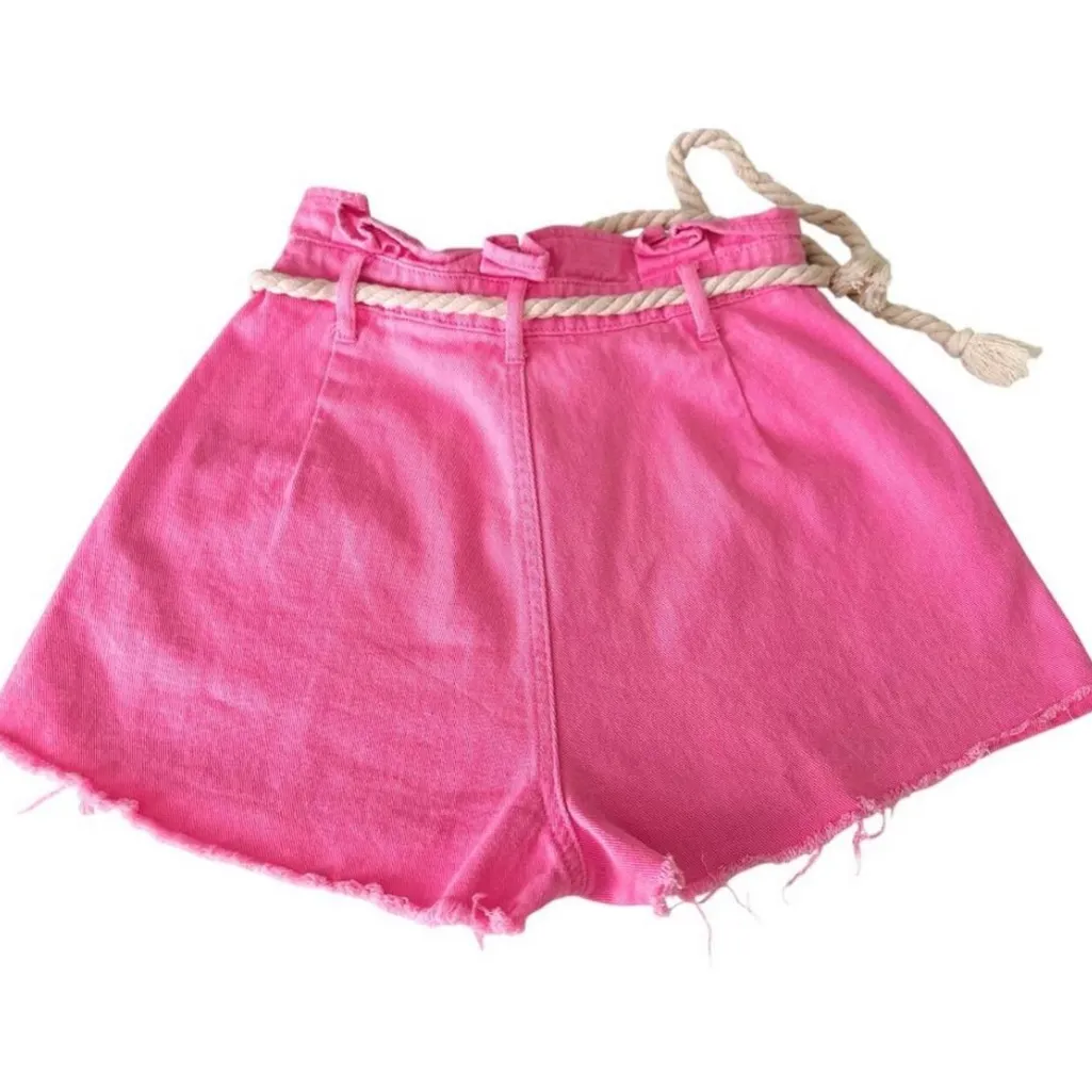 Jealous Tomato Pink Paper Bag Denim Jean Shorts with Rope Belt - Image 3