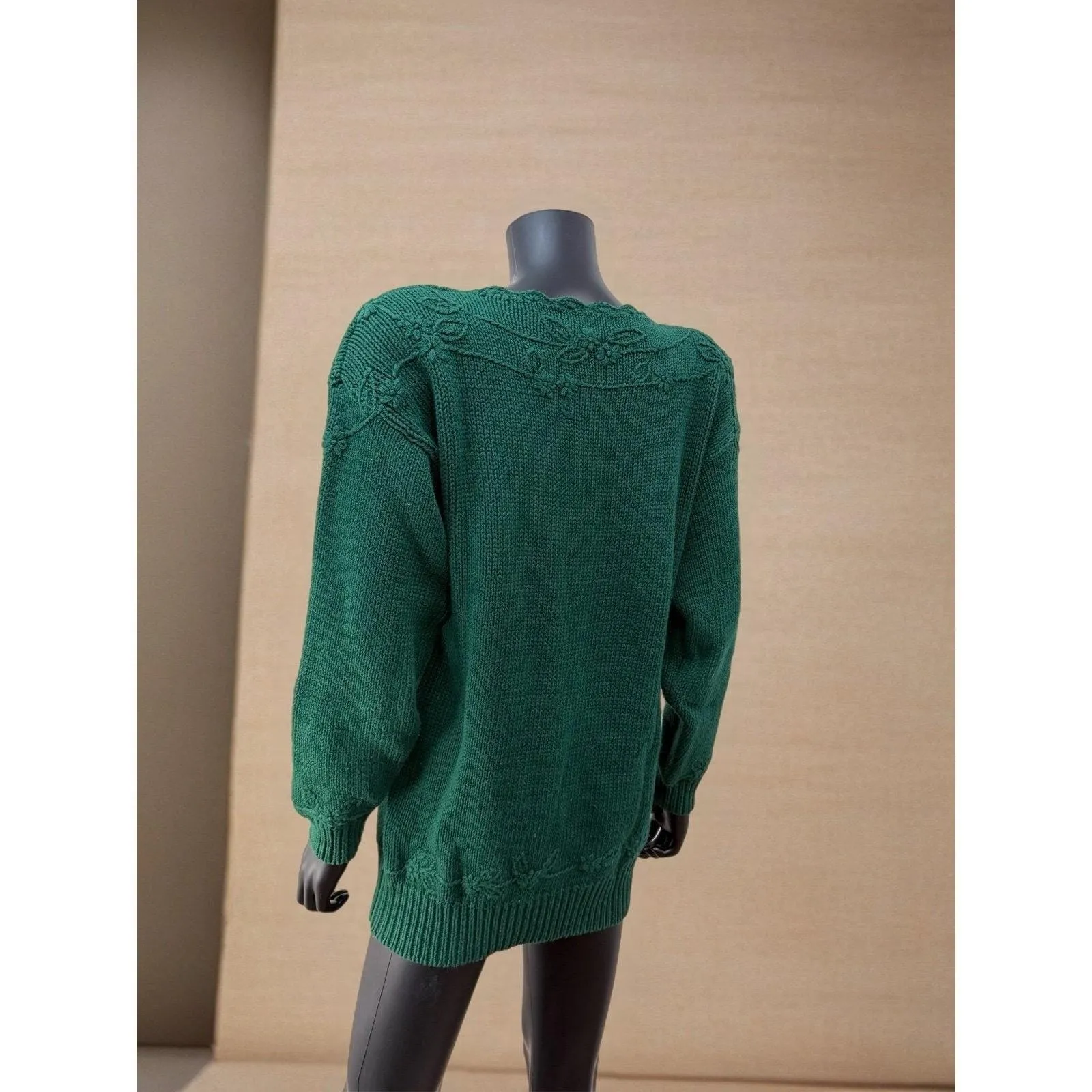 Vintage Reed Hunter Green Knit‎ Floral Embroidered Sweater Tunic Ramie Cotton S - Image 3