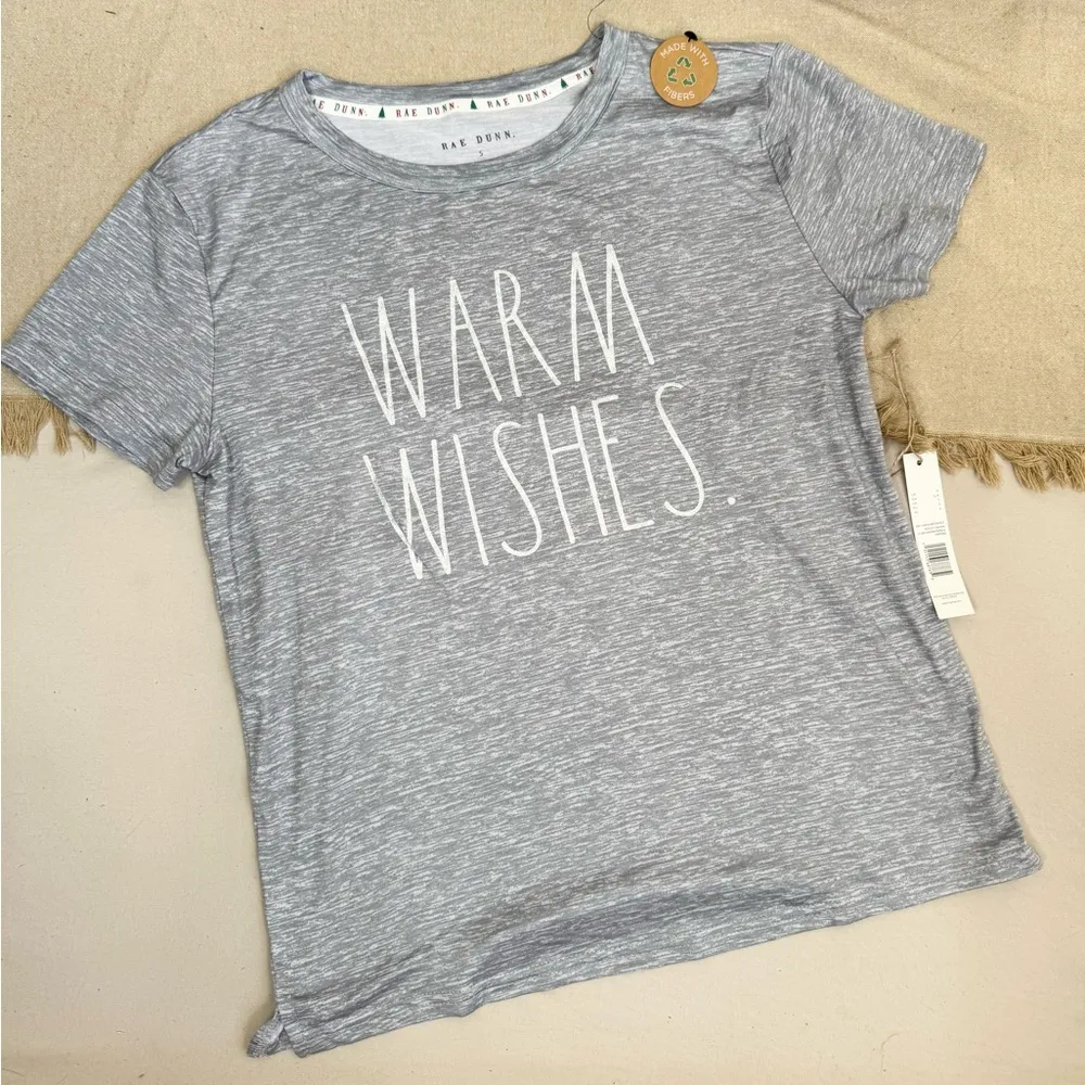 Rae Dunn Grey Warm Wishes' Short Sleeve Tee Glitter Graphic Holiday Size S - Image 7