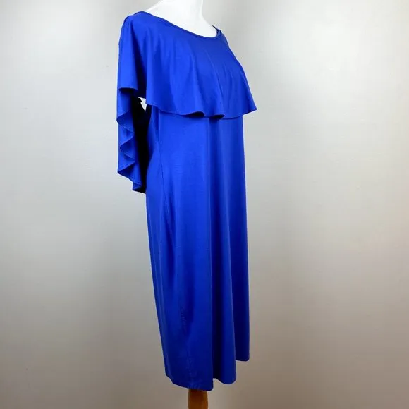 Carmen Marc Valvo Midi Dress XL Blue Off Shoulder Ruffle Bodycon Slim Fit‎ New - Image 3