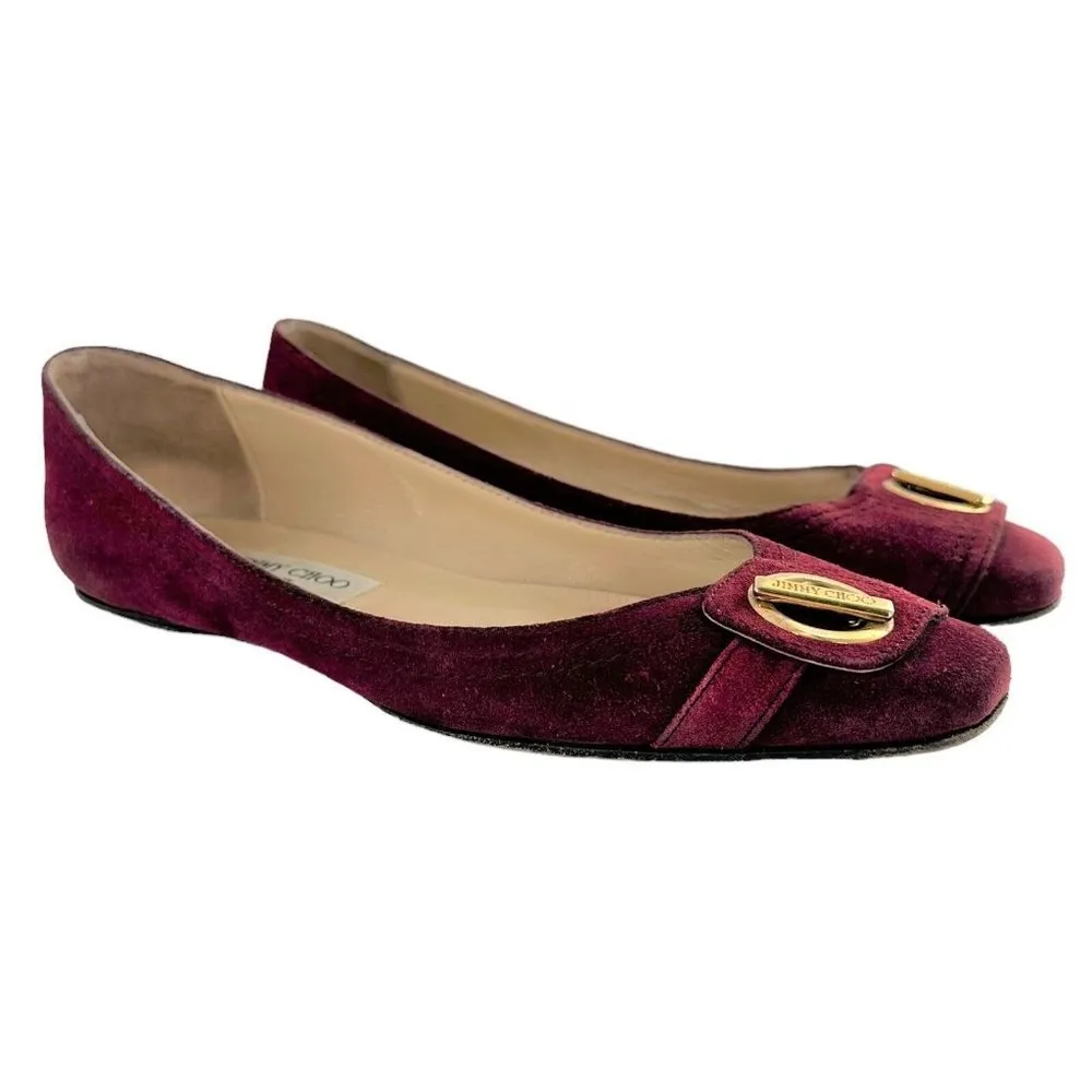JIMMY CHOO Maroon Red Suede Square Toe Logo Buckle Flats Size 39.5 / US 9.5 - Image 2