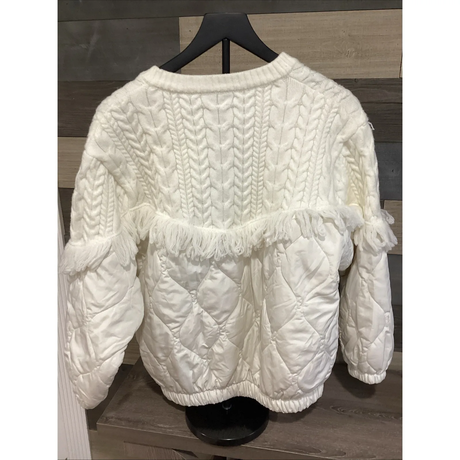 Womans Sunday Up Cream Cable Knit Fringed Quilted Puffer Jacket Cardigan Size M Size M - Image 11