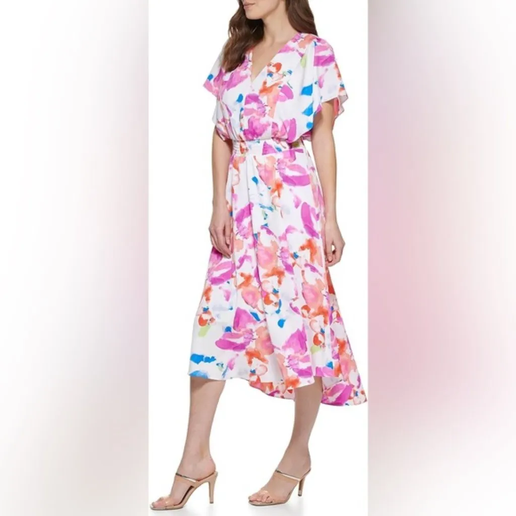 DKNY V-neck pink Flutter Sleeve Smocked Chiffon Flowy Midi Dress Size 8 M lined - Image 4