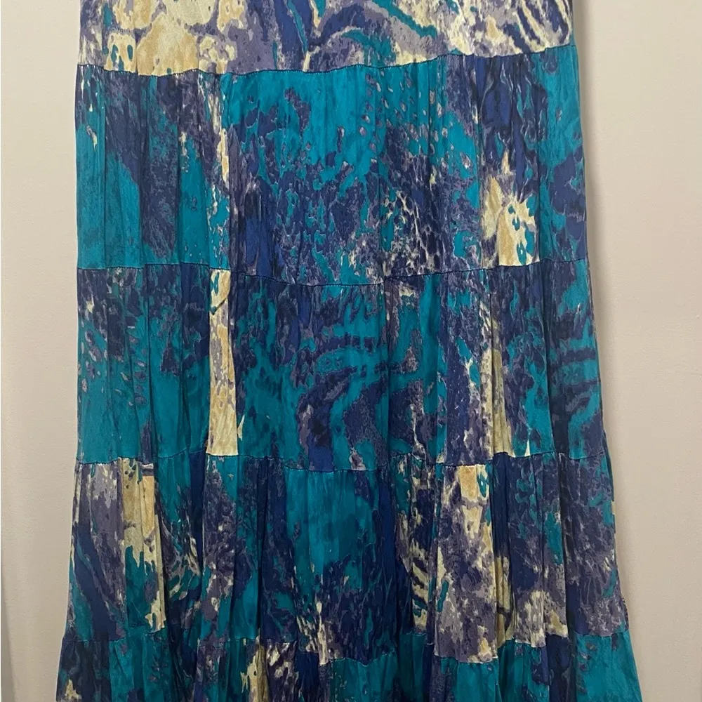 Vintage Boho 90s Silver Stream Blue & Purple Watercolor Print Maxi Skirt - Image 5