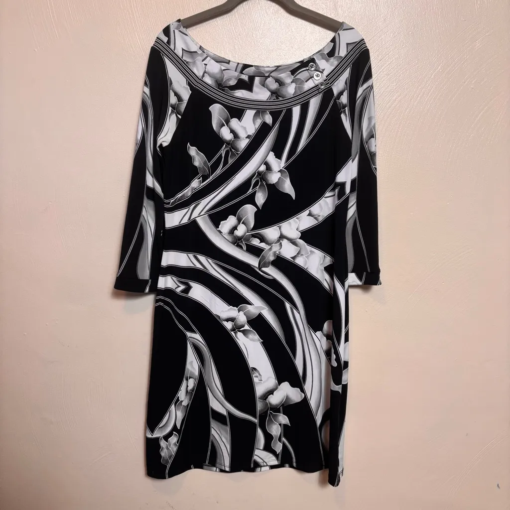 White House Black Market Women’s Dress Floral Boat Neck 3/4 Sleeve Size Medium - Image 2