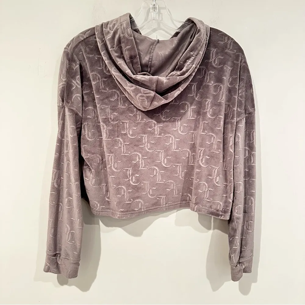 Juicy Couture Embossed‎ Velour Cropped Pullover Hoodie Women's Medium Gray NWOT - Image 4