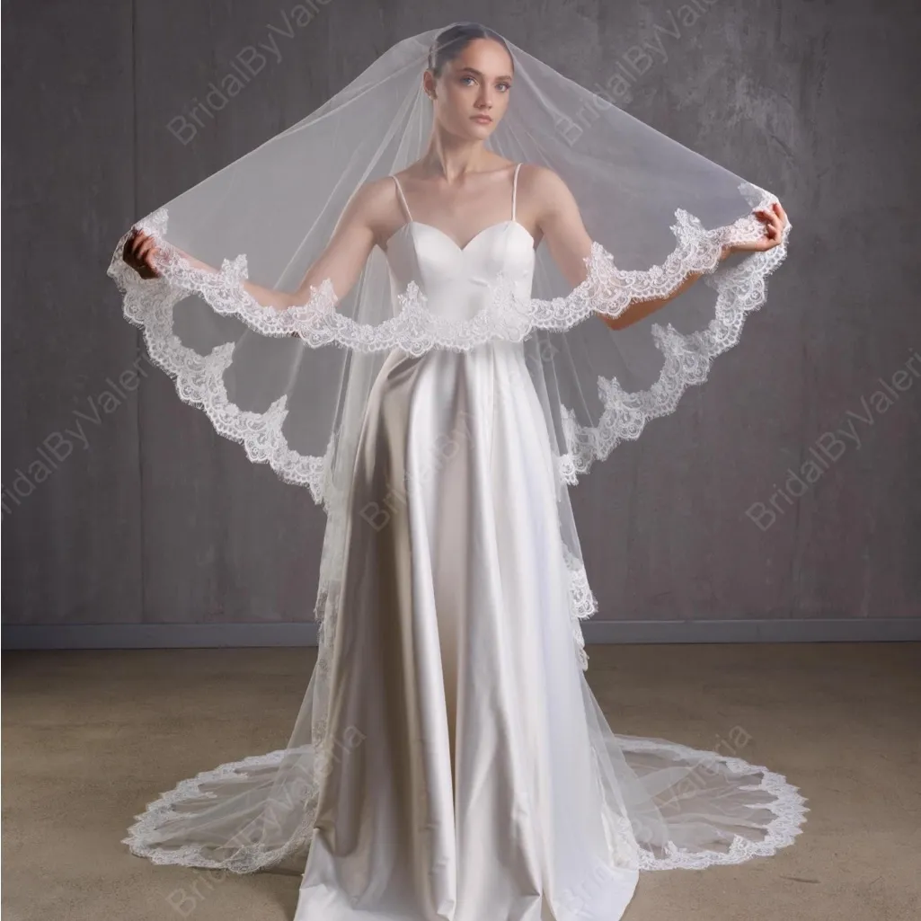 Bright White Cathedral Lace Veil with Blusher - Image 5