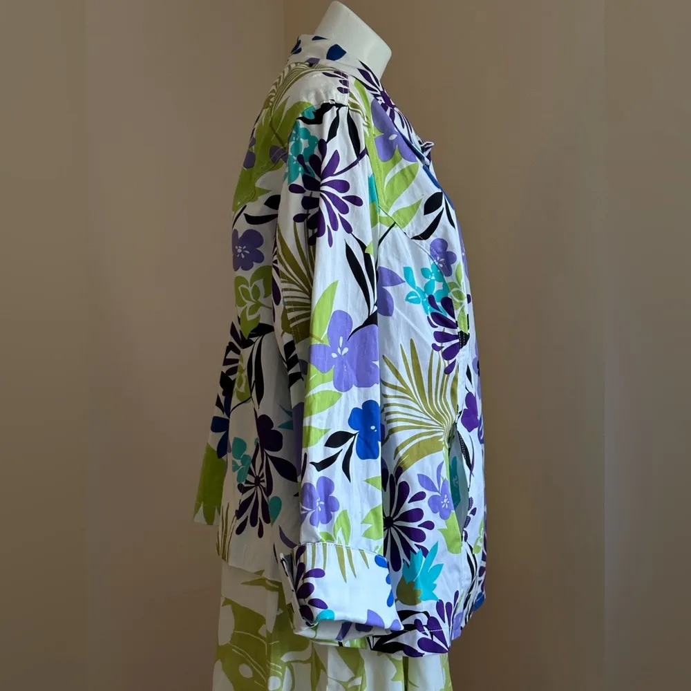 SUSAN GRAVER White W Purple Green Blues Floral Print Metal Buttons Jacket SZ 3X - Image 6
