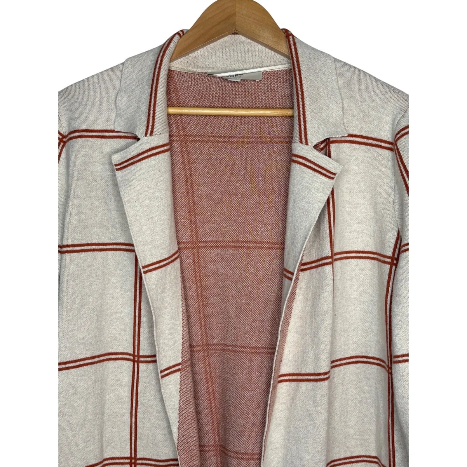 LOFT‎ Cream Burnt Orange Plaid Knit Blazer Cardigan Sweater Women Size Medium - Image 3