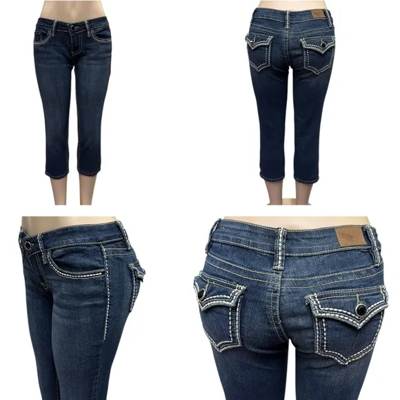 Y2K YMI Embroidered Low Rise Button Flap Pocket Capri Blue Jeans Size 5 - Image 2