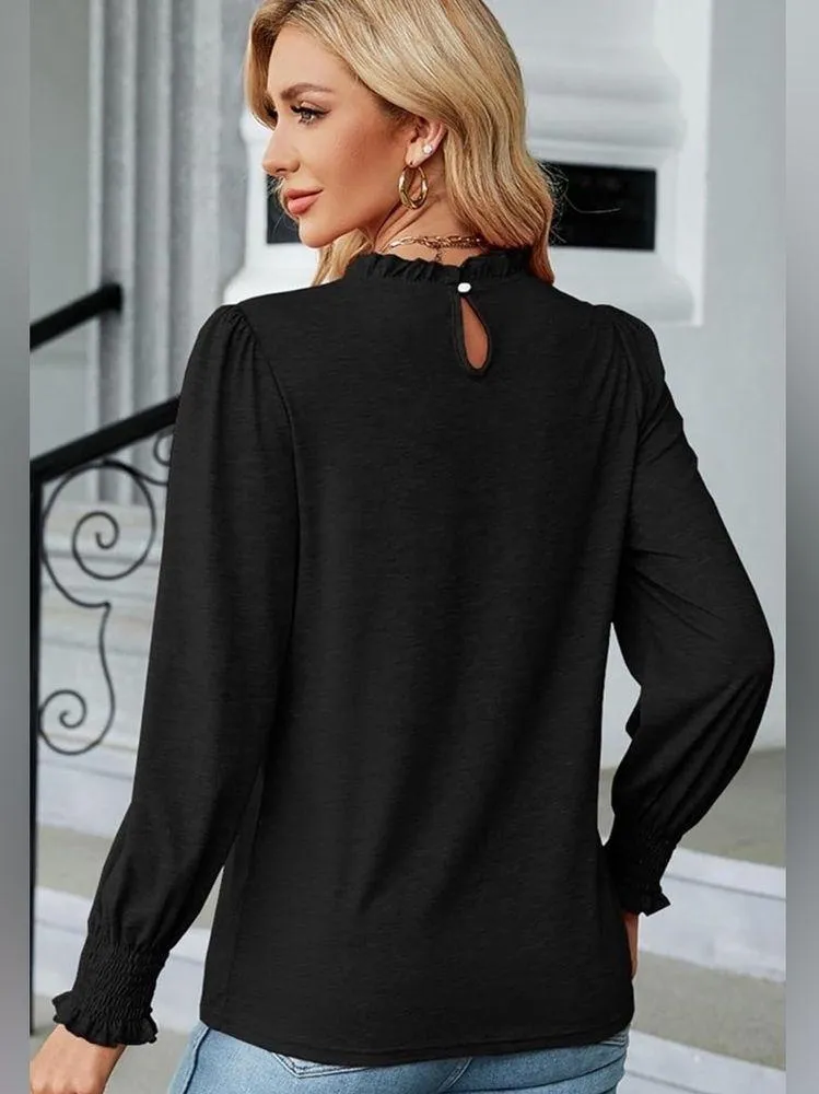 NEW Black Frilled Ruffle Neck Lantern Sleeve Smocked Cuff Blouse Size Medium - Image 5