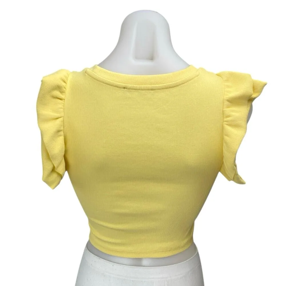 Zara Women's Yellow Rib Knit Short Ruffle Flutter Sleeve Crop Top Blouse Size S - Image 2