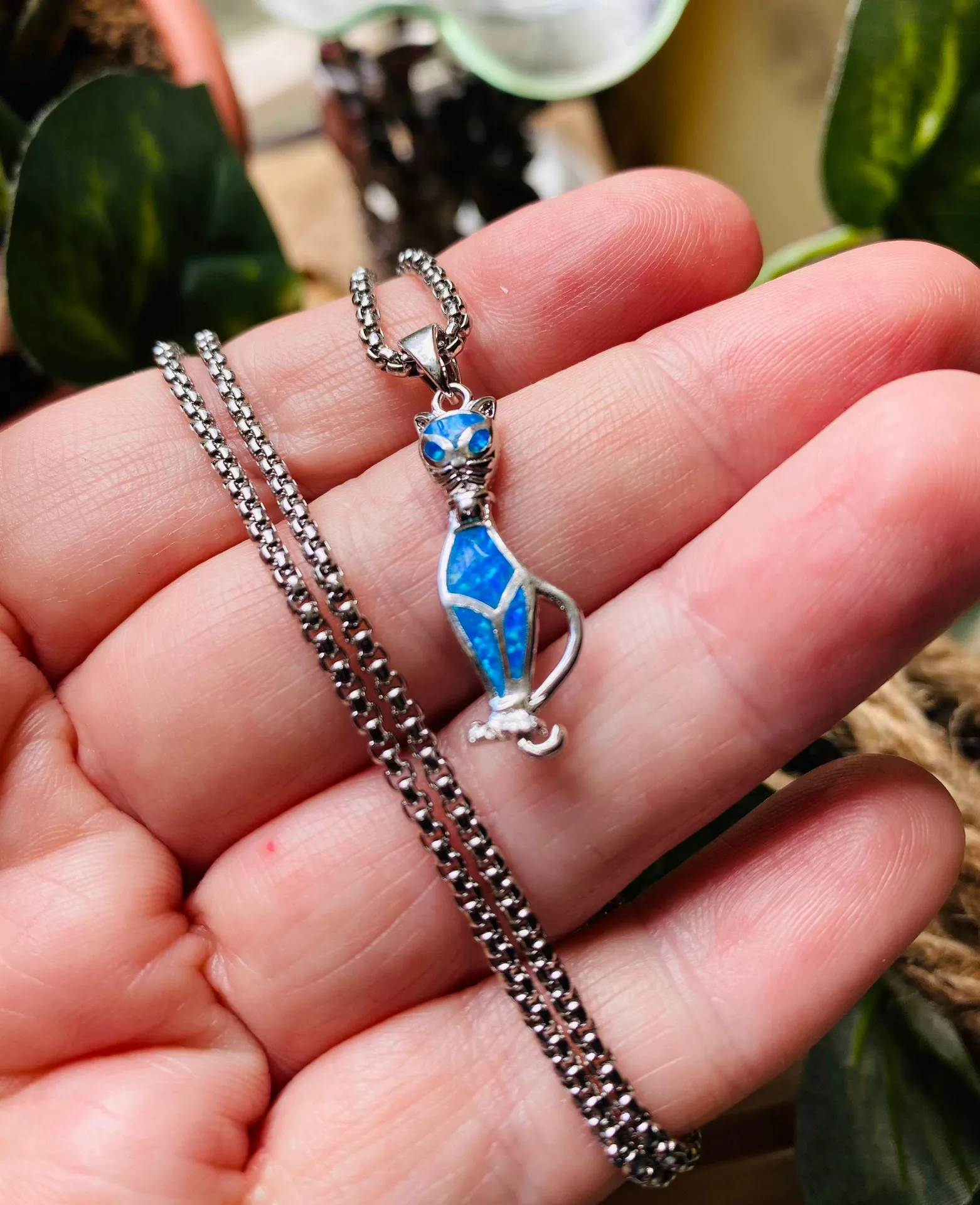 Sterling Silver Blue Opal Cat Necklace - Image 2