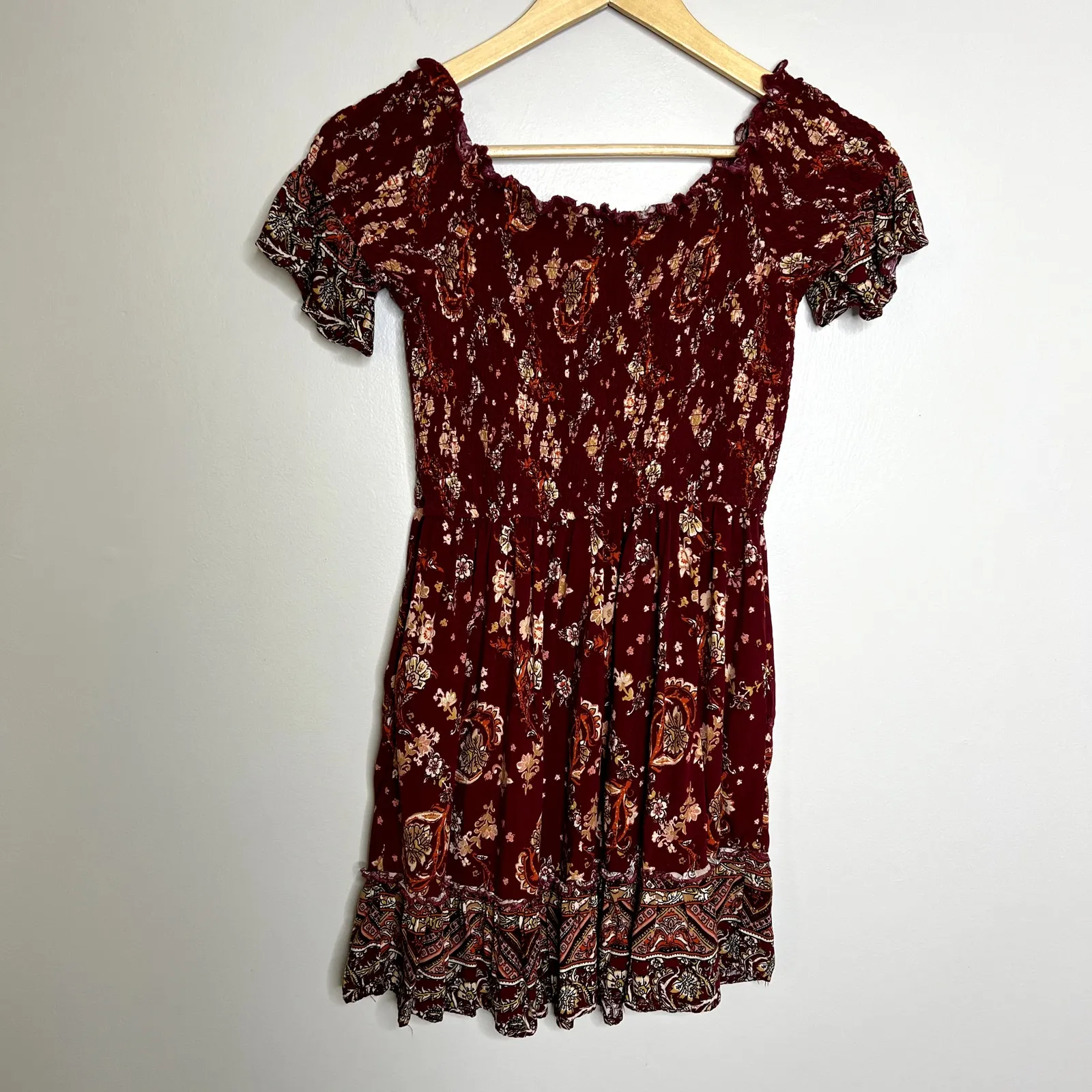 Band of Gypsies Red Floral Smocked Off Shoulder Dress - Image 5