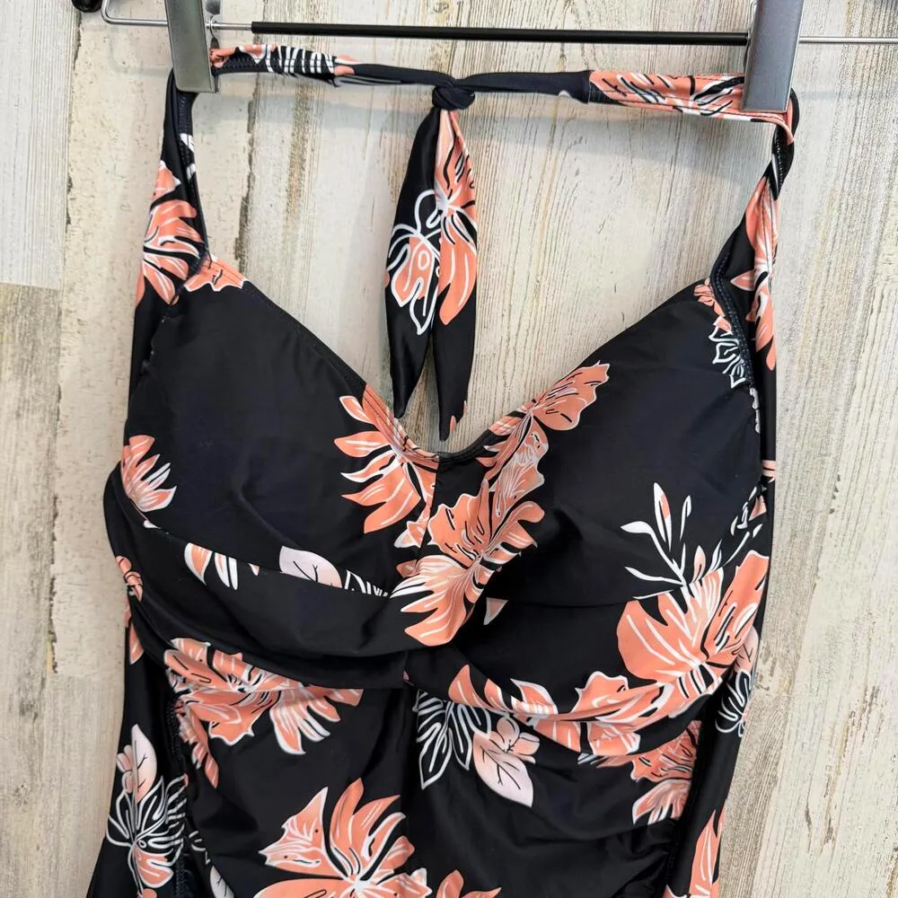 *Plus Size Floral Print Swimsuit Tummy Control XXL Push Up Beach Retro Black - Image 4
