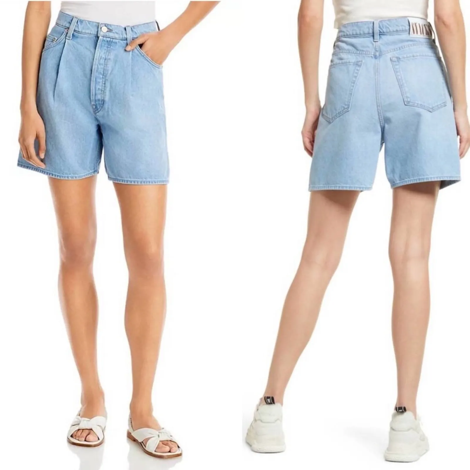 MOTHER SNACKS Cotton High Rise The Pleated Fun Dip Shorts in Just A Nibble 26 Blue - Image 2