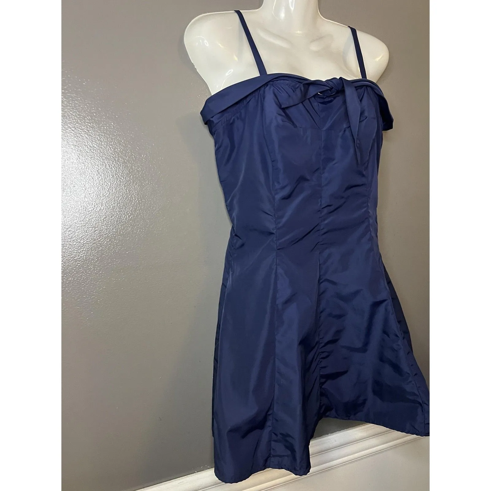 Vintage Loomtogs Swim Dress Womens Small Navy Blue One Piece Bow Zip Back 50s - Image 2