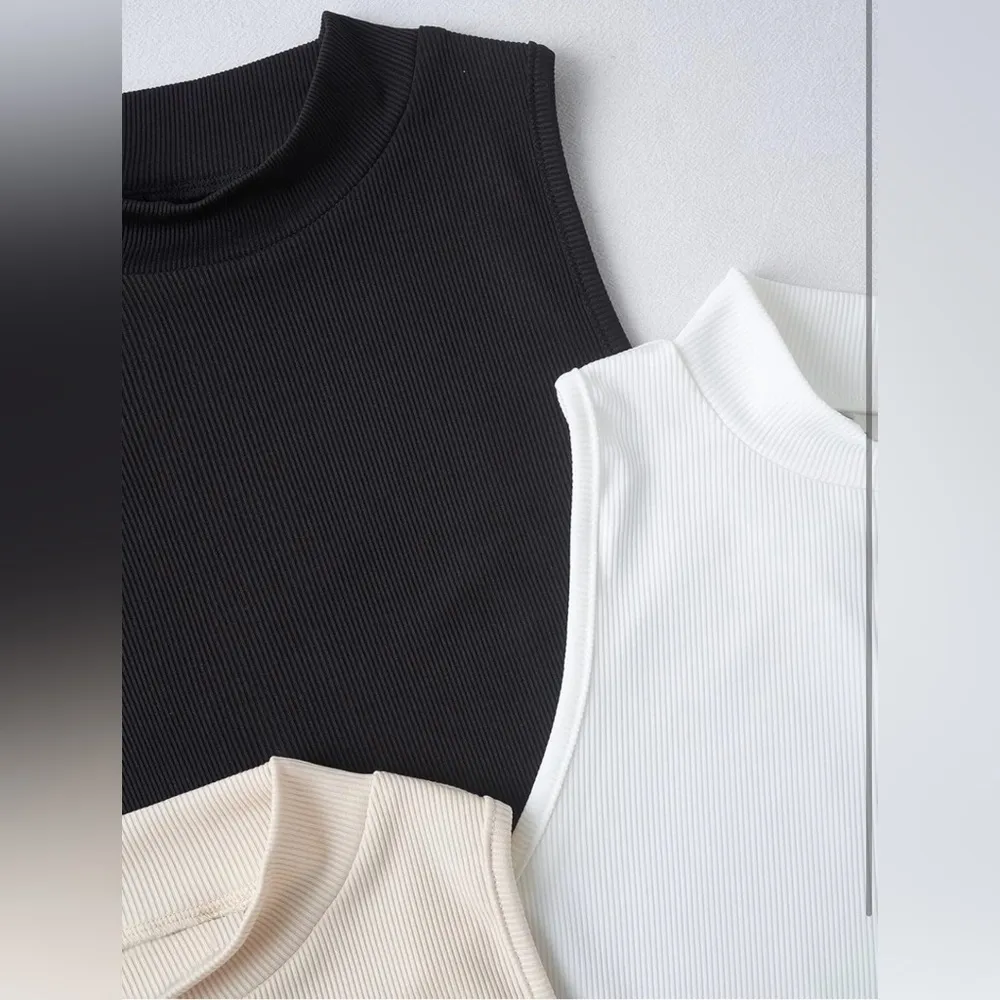 3 Pack Mock Neck Ribbed Crop Tank Tops Women’s Sz M NWOT Black, White & Cream Size M - Image 4