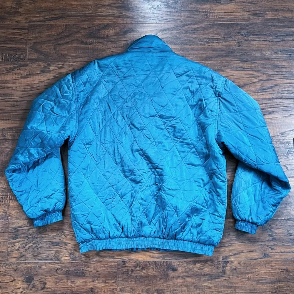 vintage • 80s silk bomber jacket quilted teal blue diamond zip front Robert Stoc Size M - Image 6