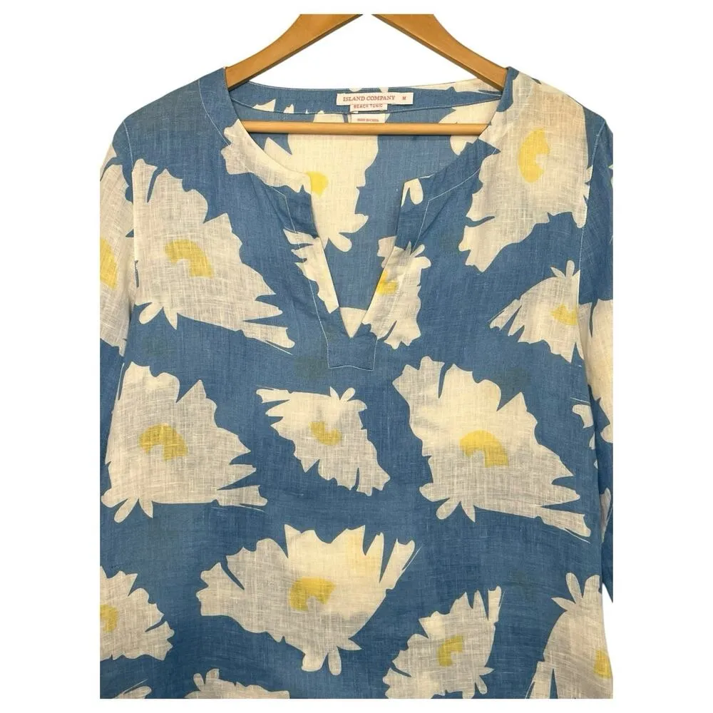Island Company Top Womens Medium Blue Linen Floral Beach Cottage Coastal Boho - Image 10