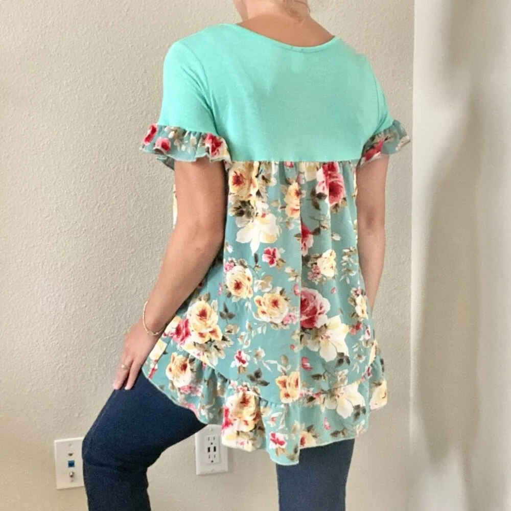 SUN & MOON Tunic Blouse Teal Size Small Multicolor Florals Green - Image 3