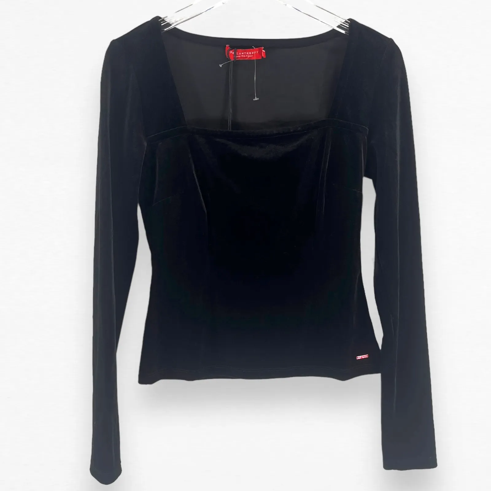 n:Philanthropy Shirt Small Black Velvet Square Neck Long Sleeve Bodycon Top NWT - Image 2