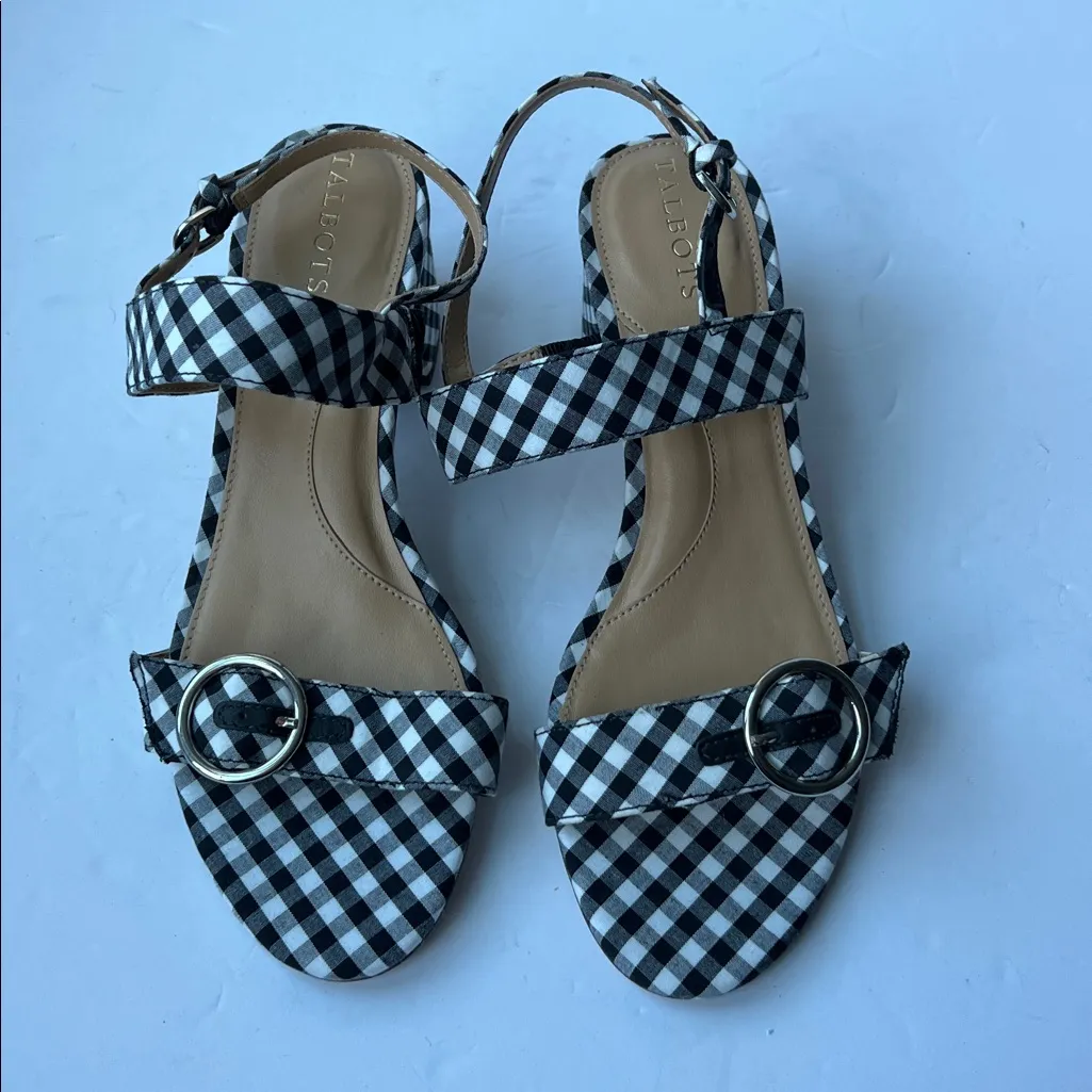 Talbots MIMI Gingham Buckle Block Heel Sandals Sz 7 Cute Summer Resort Style 🟡 - Image 3