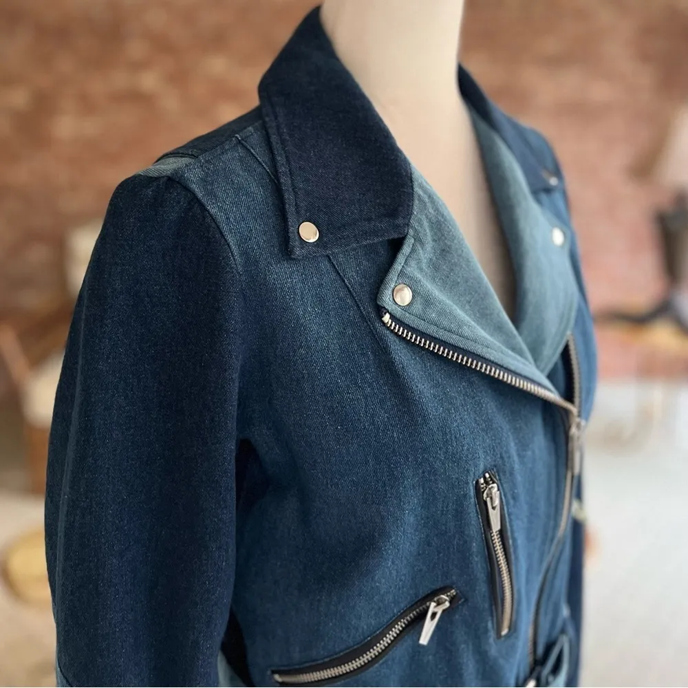 Veda Atmosphere Denim Jacket Moto 3 Tone Trio Blue S Cropped Belted Chic Edgy - Image 14