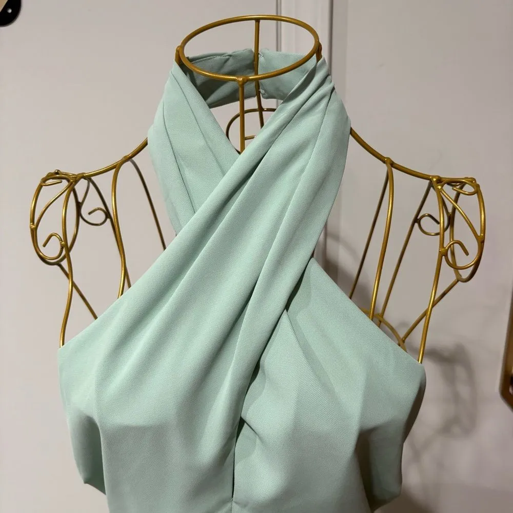 ASTR Jodie Dress Mint Size L Asymmetrical Halter Strap Low Back Keyhole Wedding - Image 8