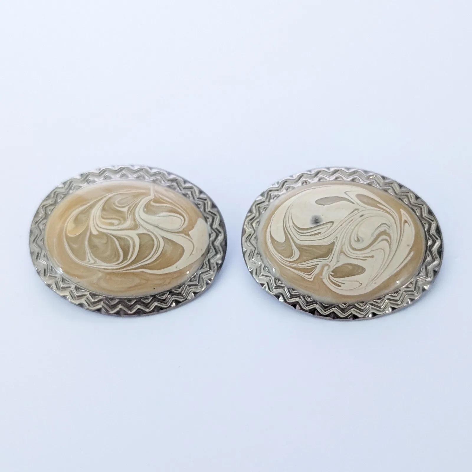 Vintage Clip On Earrings Large Cream & Beige Oval with Silver Tone Halo - Image 2