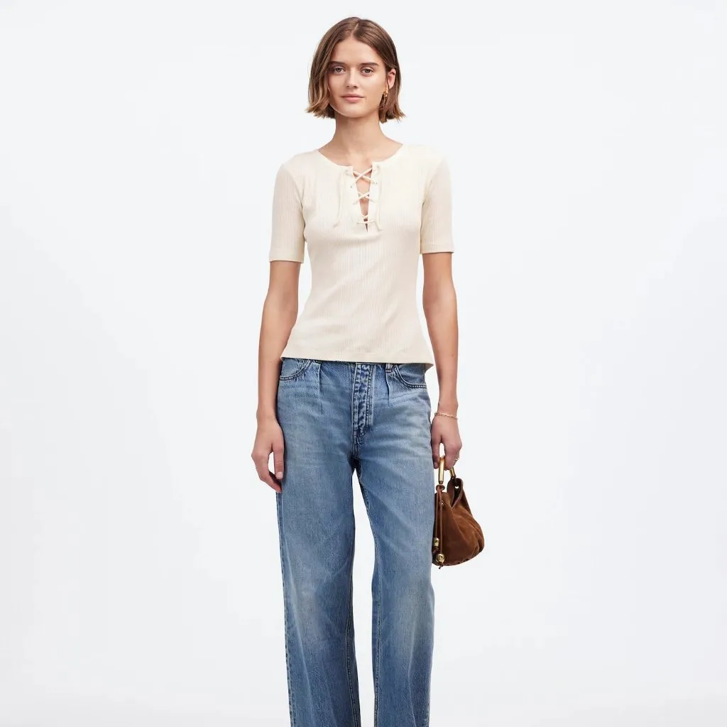 Madewell Ribbed Lace-Up Short-Sleeve Tee in Vintage Ivory, Size X-Small - Image 2