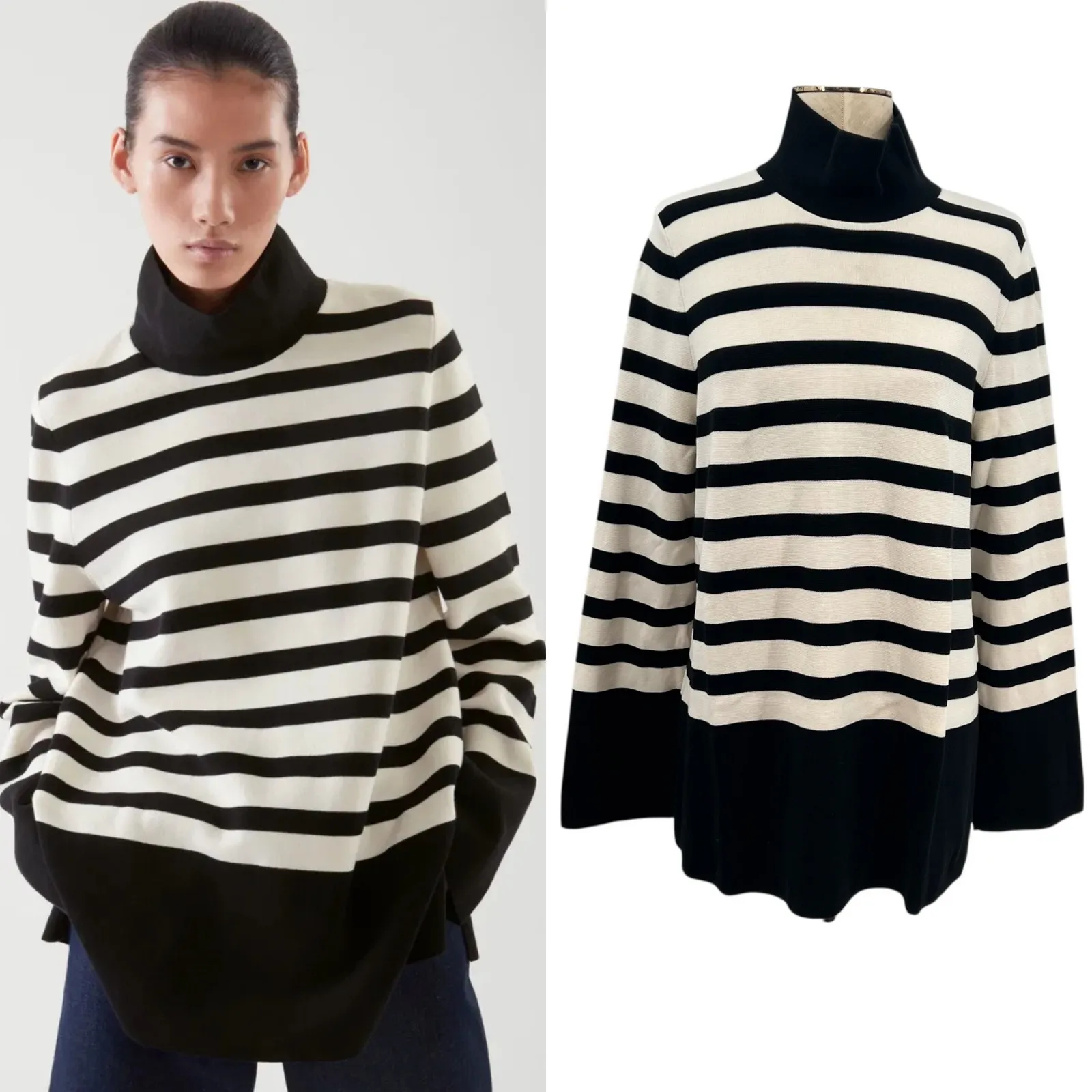 COS A-Line Roll Neck Top Sweater Striped Black Cream Size‎ Small - Image 2