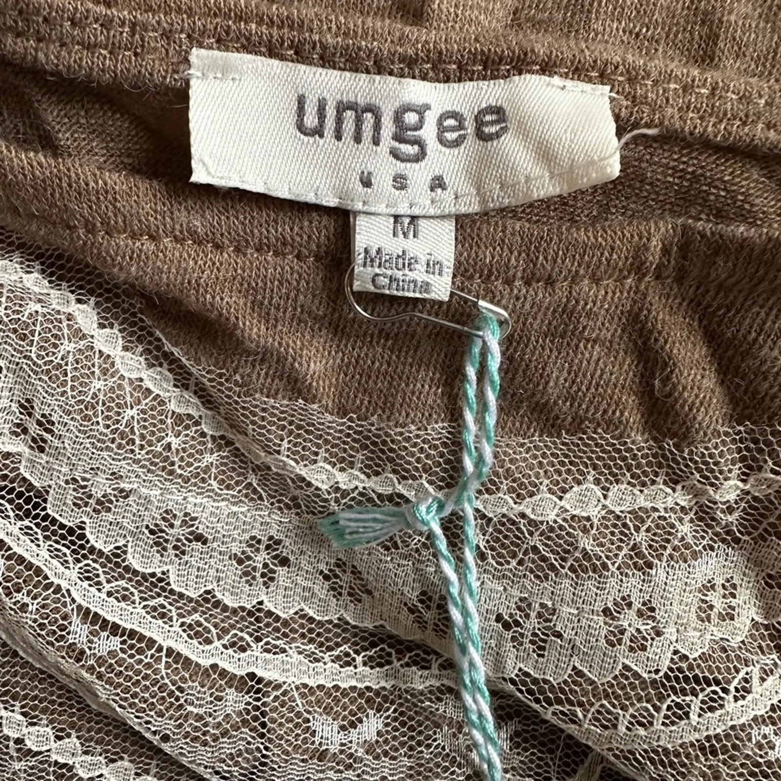 NEW Umgee Brown Swing Babydoll Dress White Lace USA Made Fall Cottage - Image 6