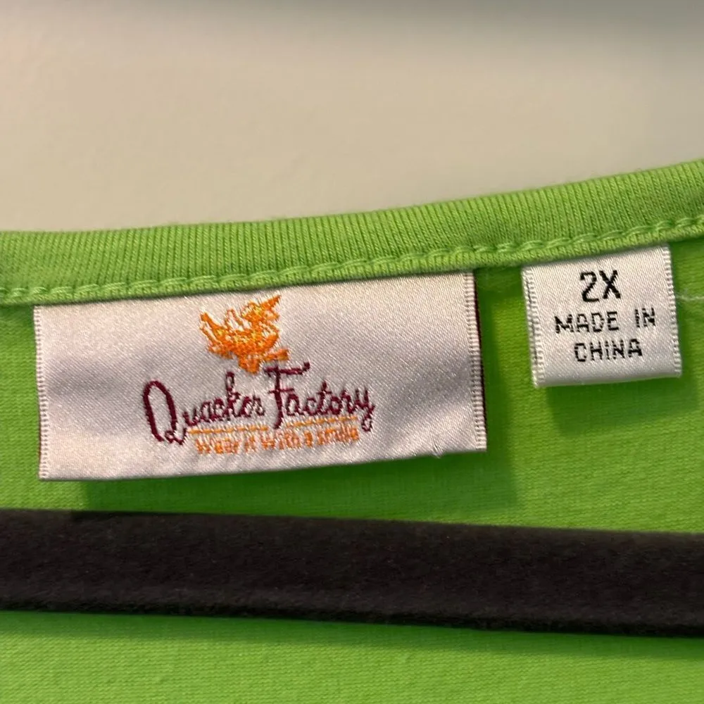 Quacker Factory Flamingo Beach Vacay Green Embroidered 3/4 Sleeve Top Size 2X - Image 2