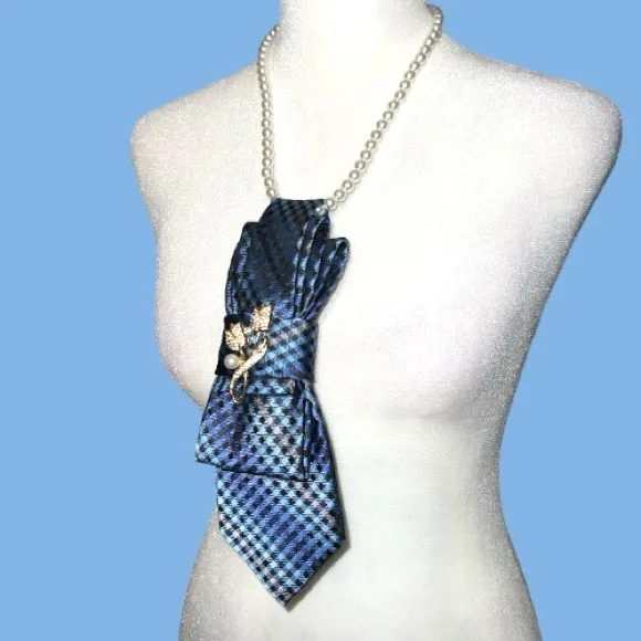 “Dainty Dapper”Blue Checkered Tie necklace with tulip Brooch Blue - Image 5