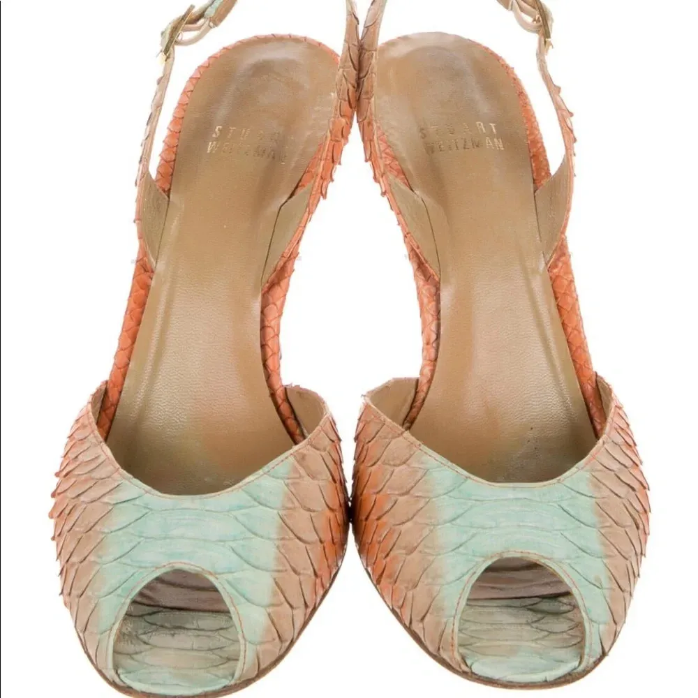 Stuart Weitzman Multi Color Leather Snakeskin Slingback Sandals Size 7.5 - Image 4